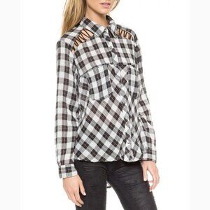 Free People Lace Up Cut Out Plaid Gauzy Long Sleeve Shirt Size M
